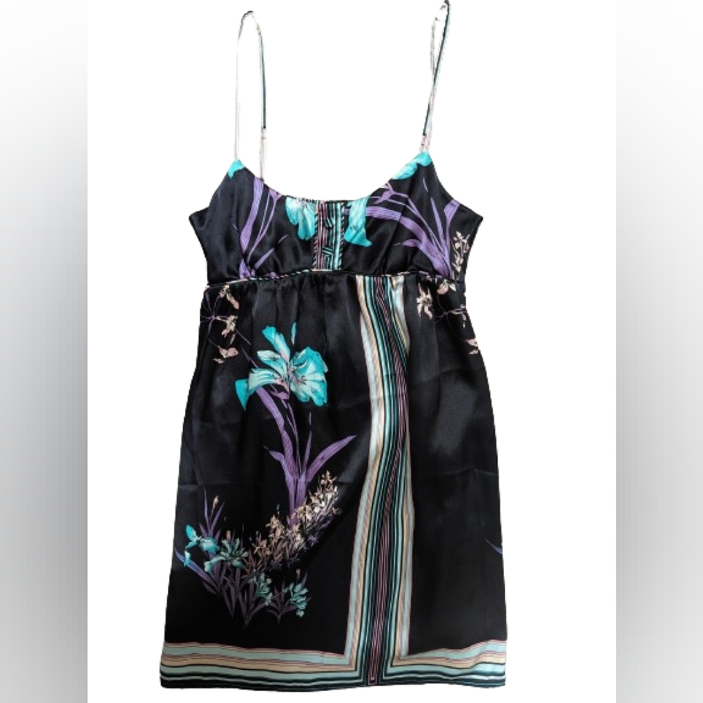 NWT Yumi Kim 100% Silk Black Babydoll Dress Empire waist Turquoise Floral Y2K